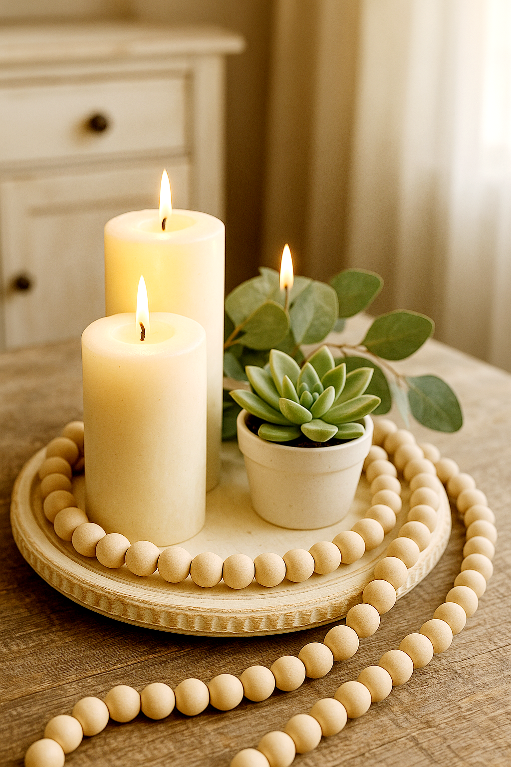 Decorative setup with candles and a small potted plant on a wooden surface.