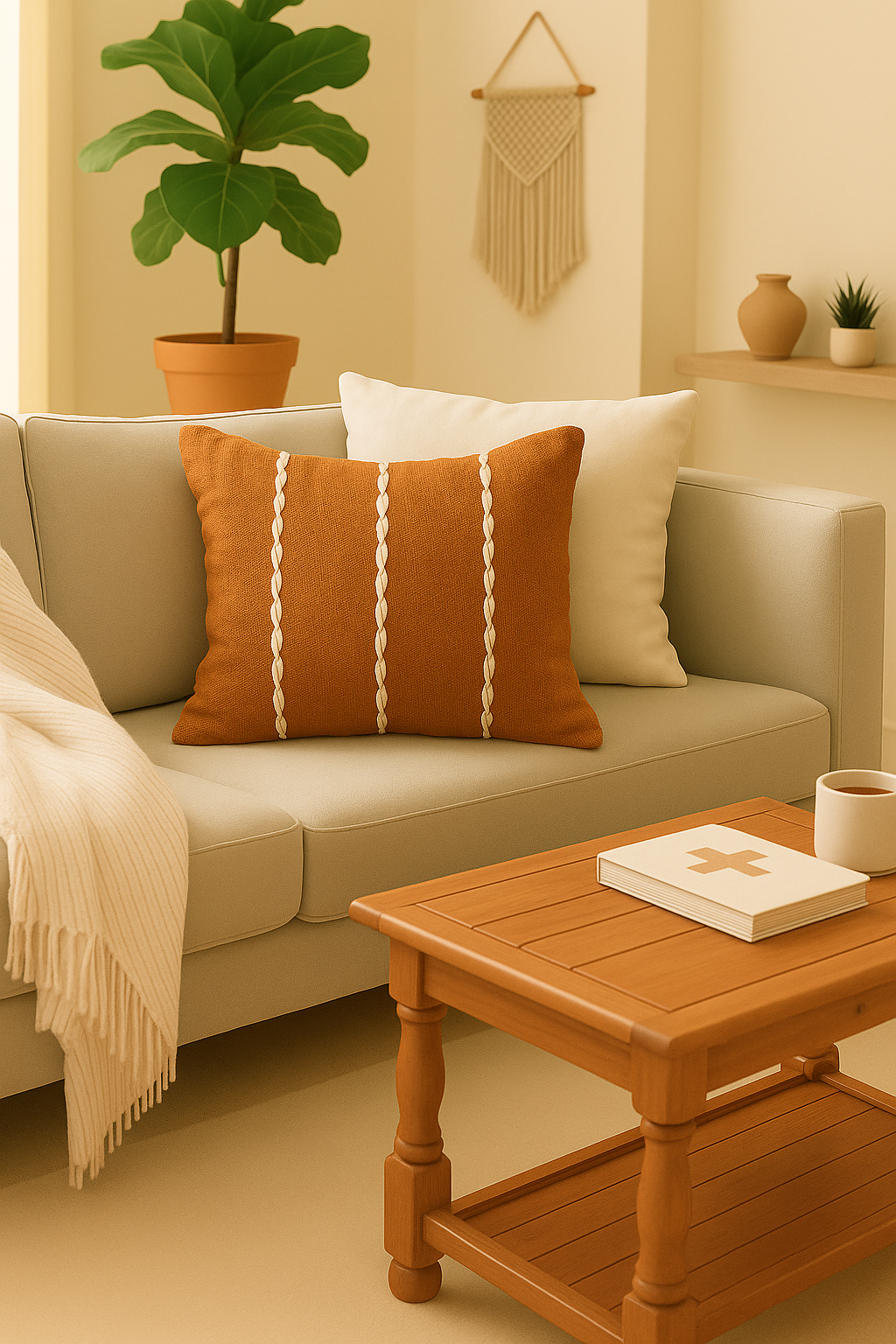 Living room with beige sofa, wooden coffee table, and decorative elements.
