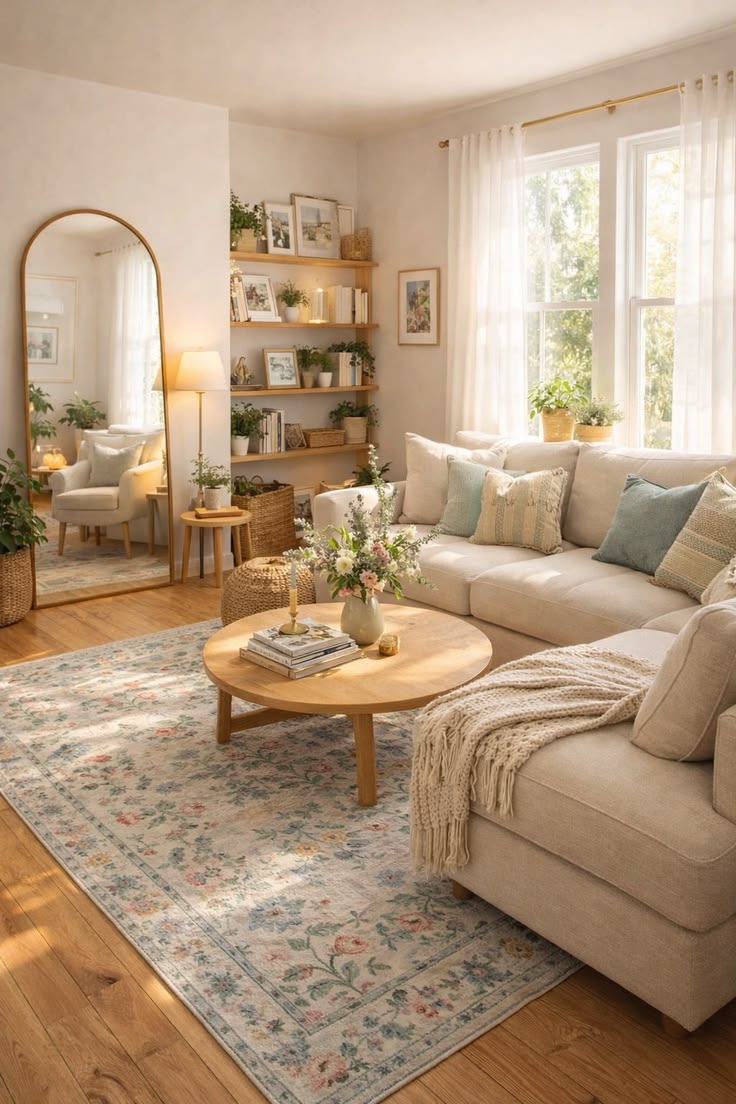 Cozy living room with beige sectional sofa, wooden coffee table, and decorative elements.