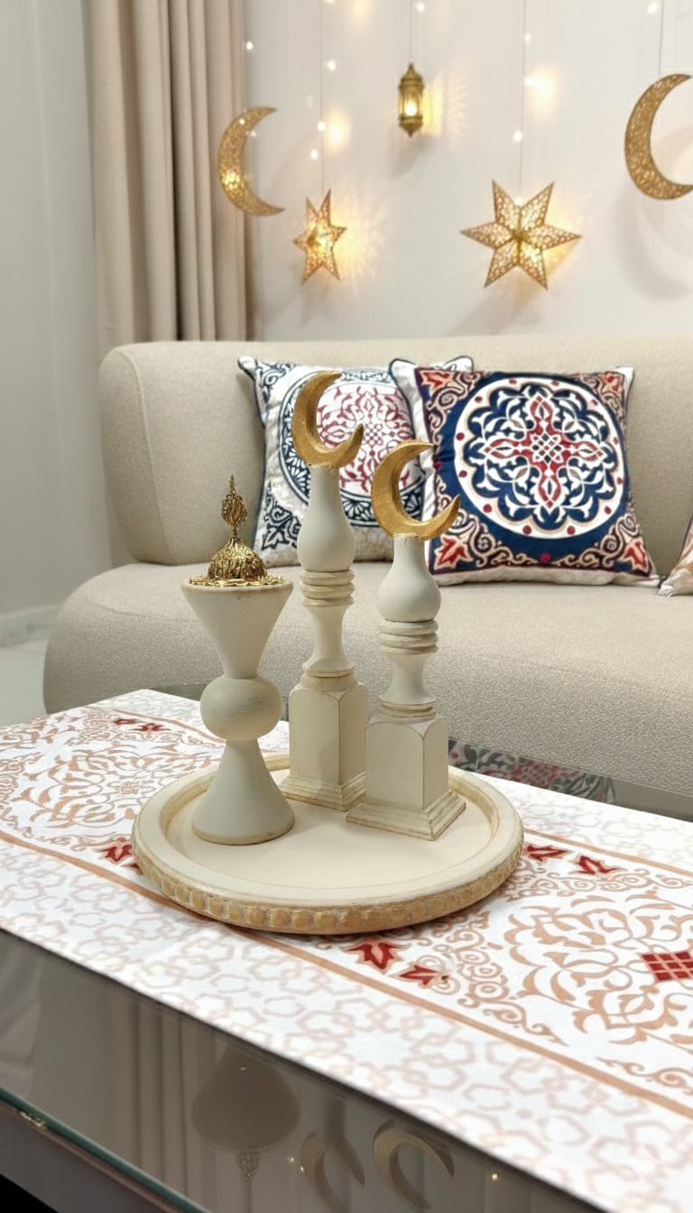 Ivory and gold Crescent Minaret Trio display on a white patterned table runner with Ramadan star and moon decorations in the background.