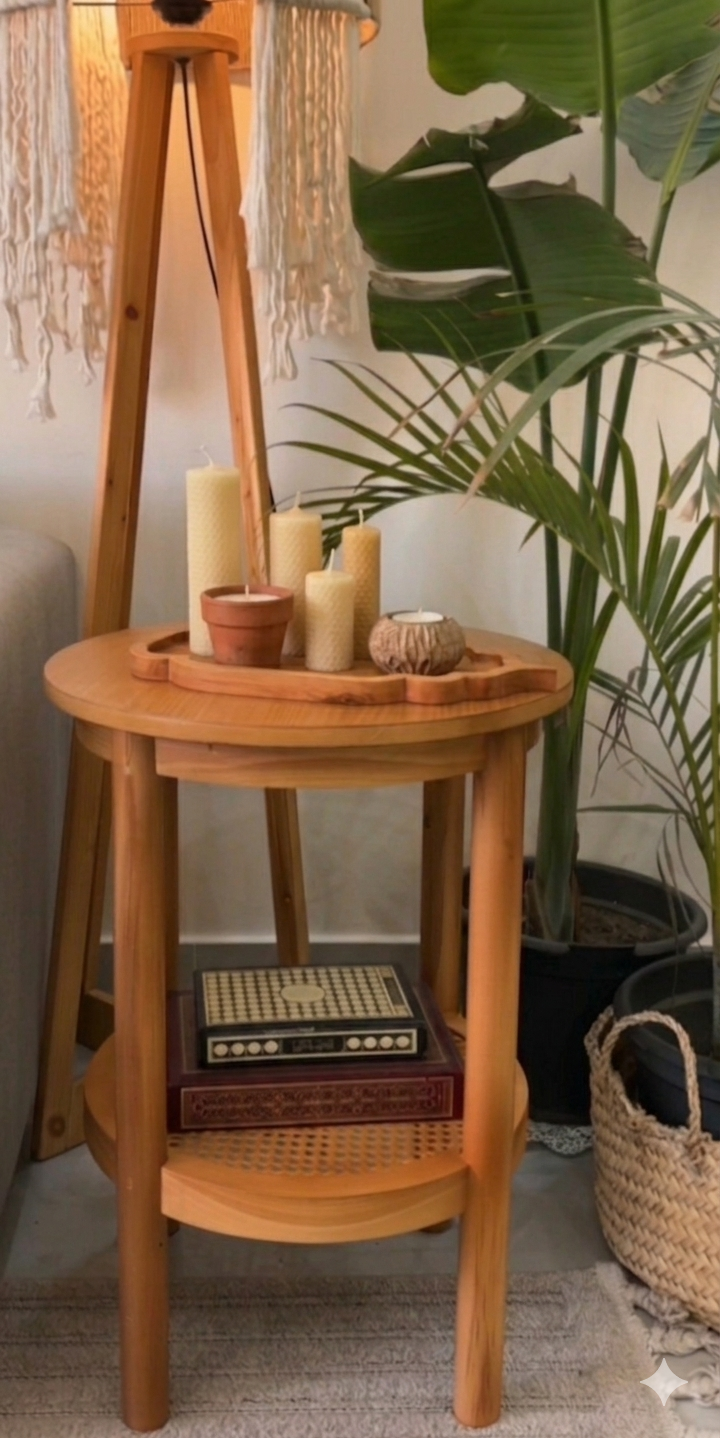 Wooden side table with candles and decor items against a neutral wall with plants.