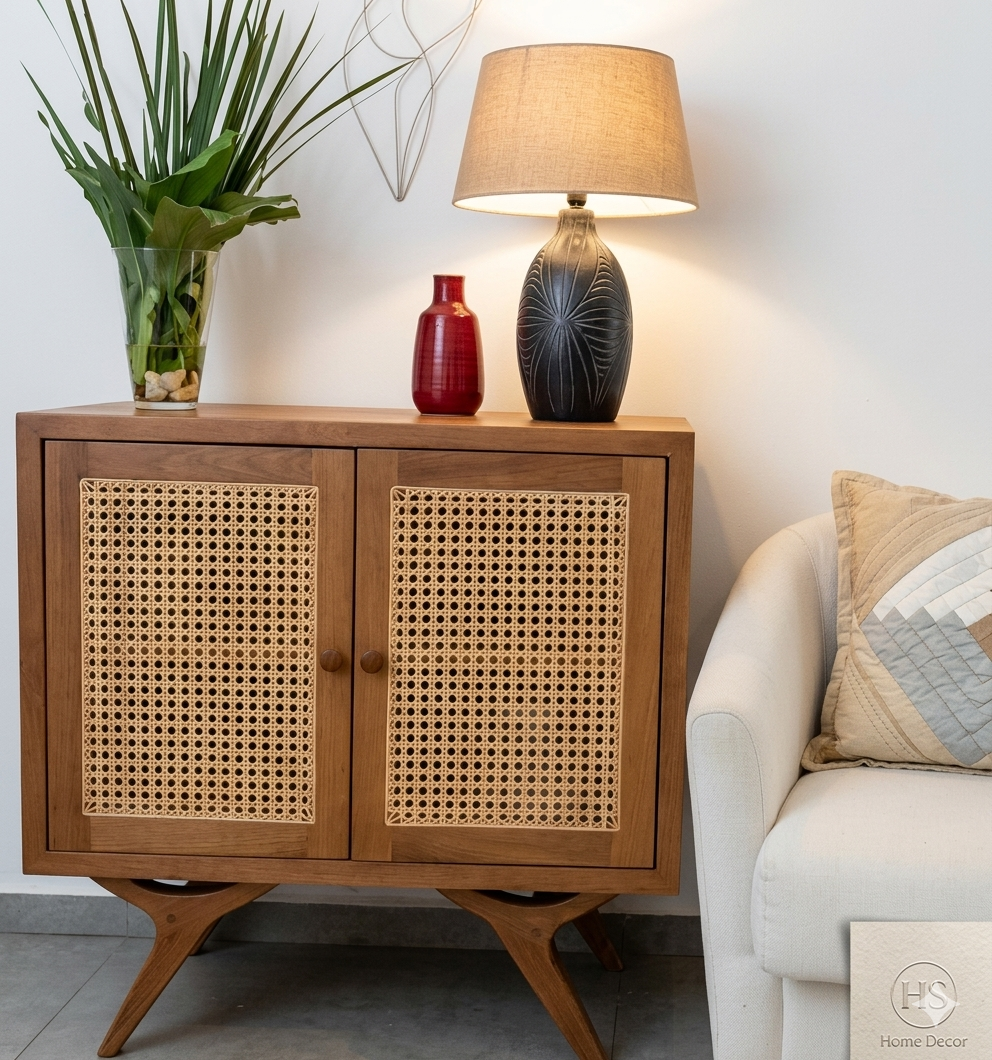 Wooden cabinet with wicker doors in a living room setting with a lamp and decorative items.