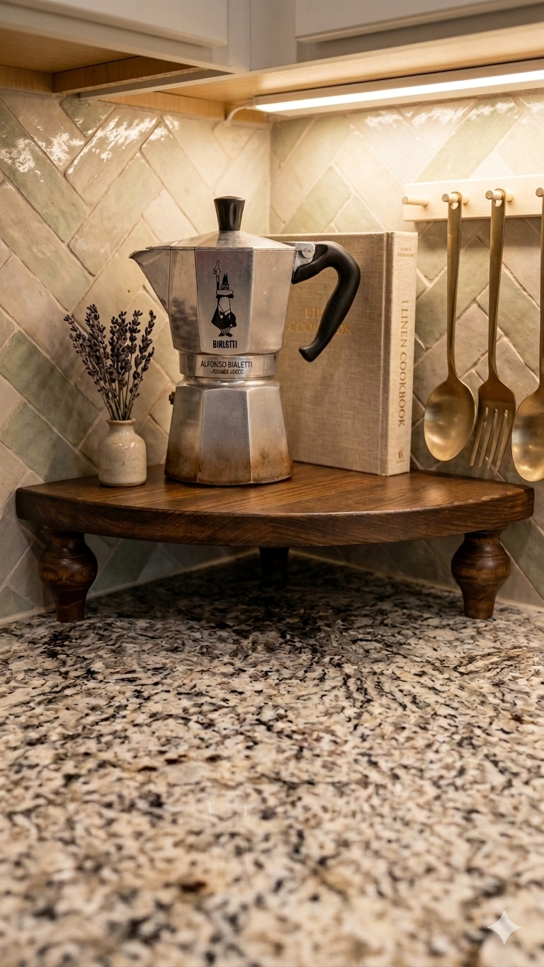 Curved wooden pedestal riser in a kitchen corner with Moka pot and lavender styling.