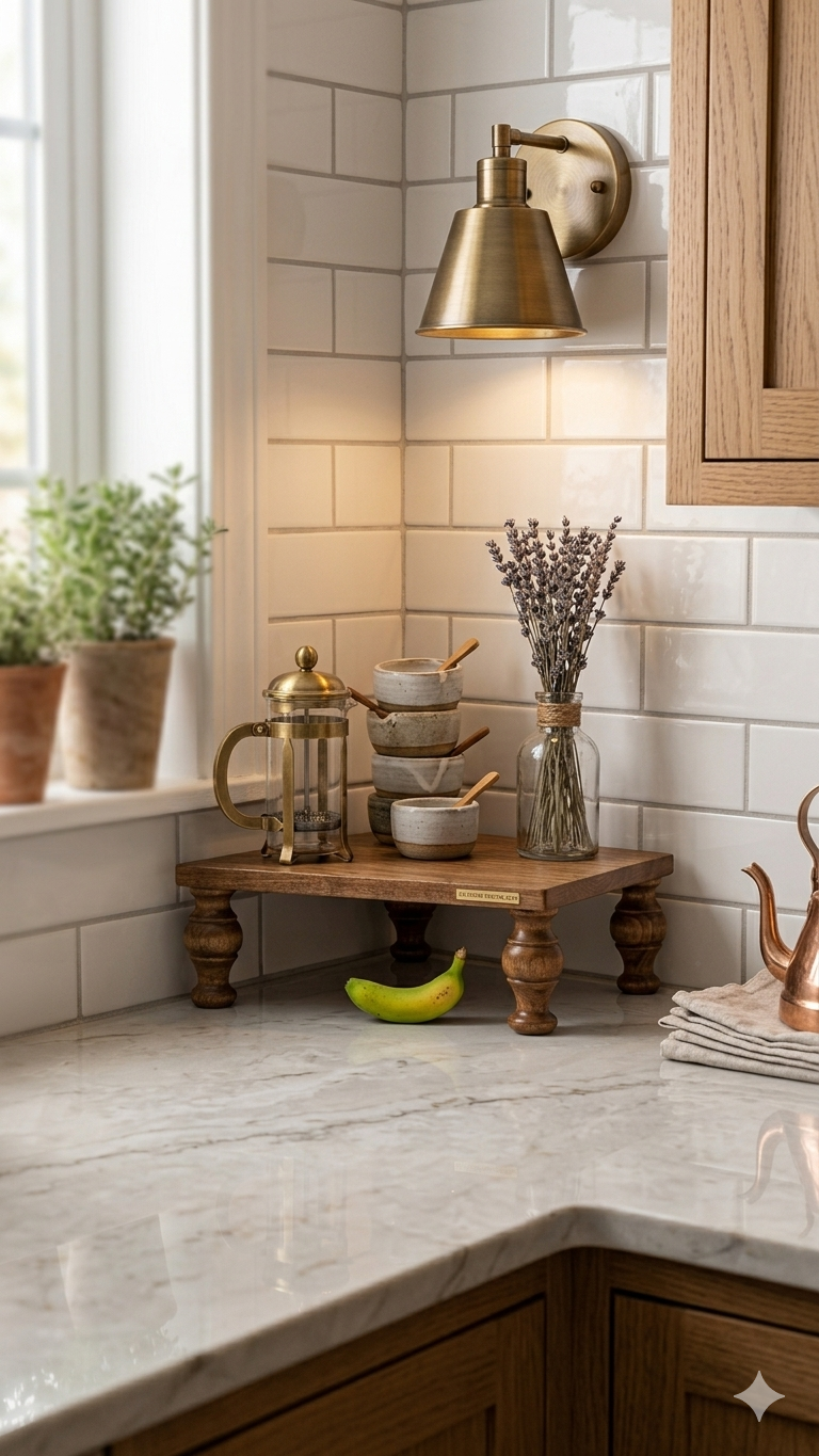 Modern boho wooden corner riser on white marble countertop with coffee accessories and brass lighting.