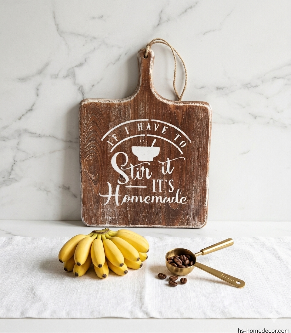 Weathered wood serving board with "If I have to stir it, it's Homemade" quote against a white background.
