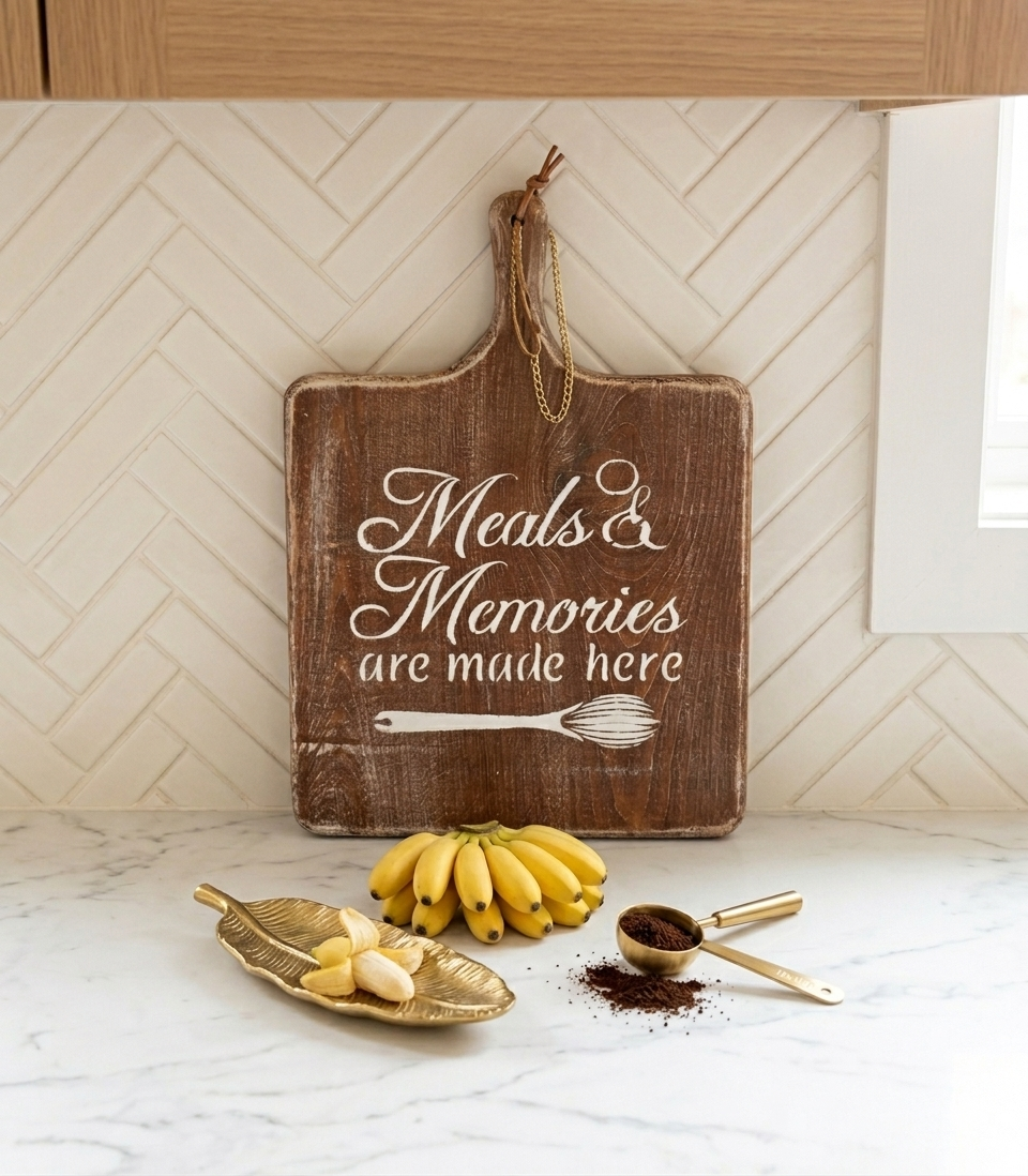 Rustic distressed wooden board with "Meals & Memories are made here" quote and whisk illustration