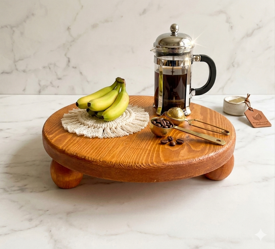 Circular wooden countertop riser with artisanal ball feet on a clean white surface