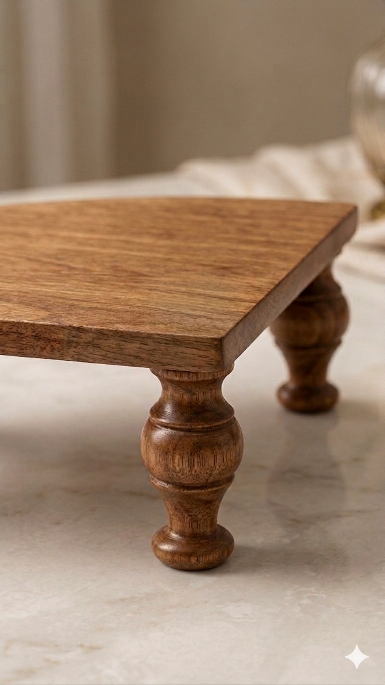 Wooden table with turned legs on a marble surface