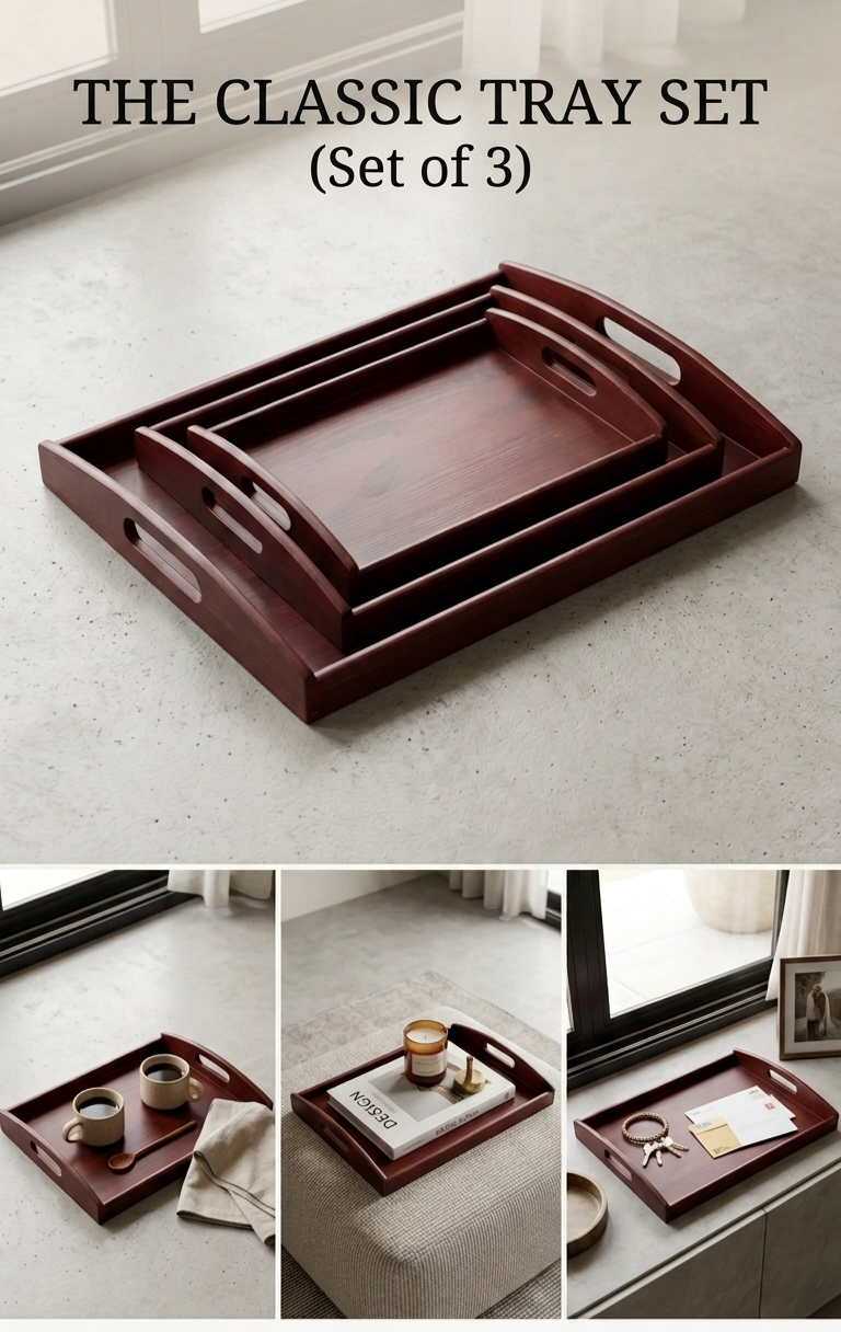Three nested wooden serving trays in a dark reddish-brown finish with cutout handles, shown on a light stone floor. Large text at the top reads 'THE CLASSIC TRAY SET (Set of 3)'.