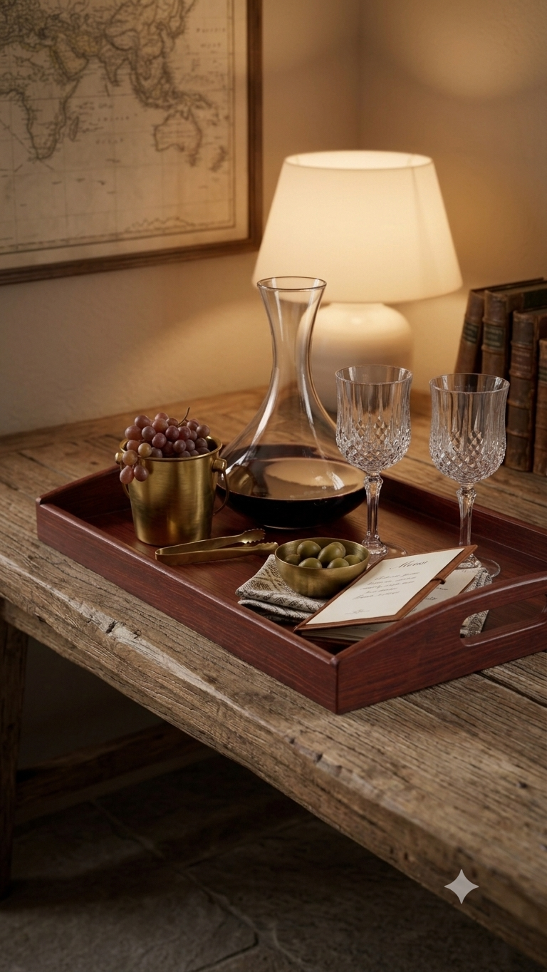 A dark reddish-brown wooden serving tray styled on a rustic wooden table, holding a glass decanter, two crystal wine glasses, a small gold bucket of grapes, olives, and a notebook, with a lit table lamp and books in the background.