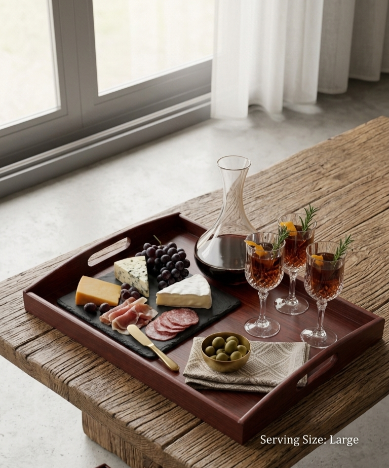 A large rectangular wooden serving tray with handles is styled on a rustic wooden table near a window. The tray holds a charcuterie board with cheese, salami, grapes, olives, a glass carafe, and three wine glasses.