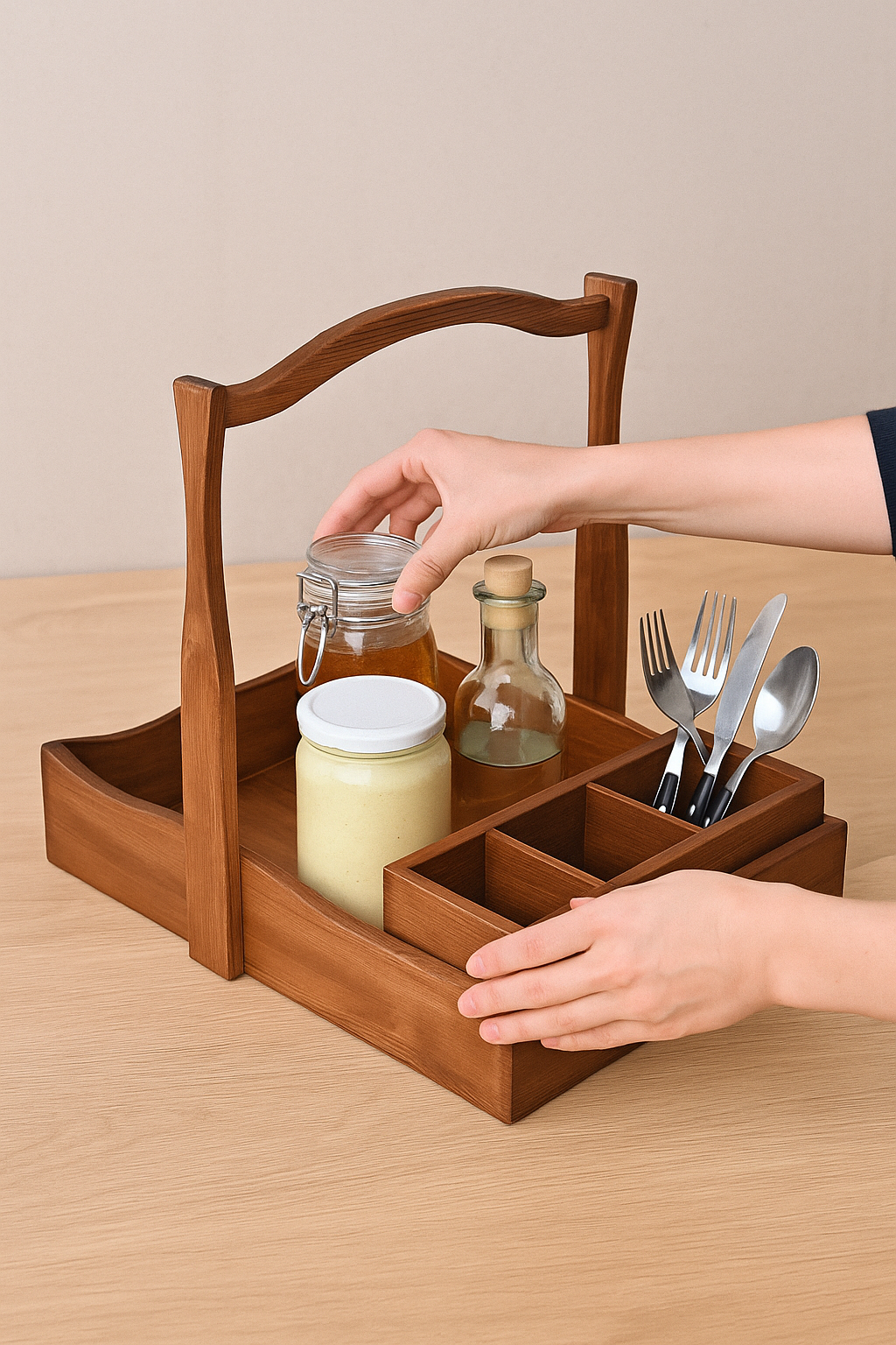Wooden tray with compartments holding jars, a bottle, and cutlery on a wooden surface.