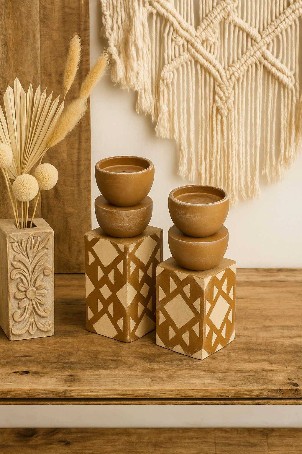 Decorative setting with brown ceramic pots on patterned blocks, flanked by a decorative vase and macrame wall art.