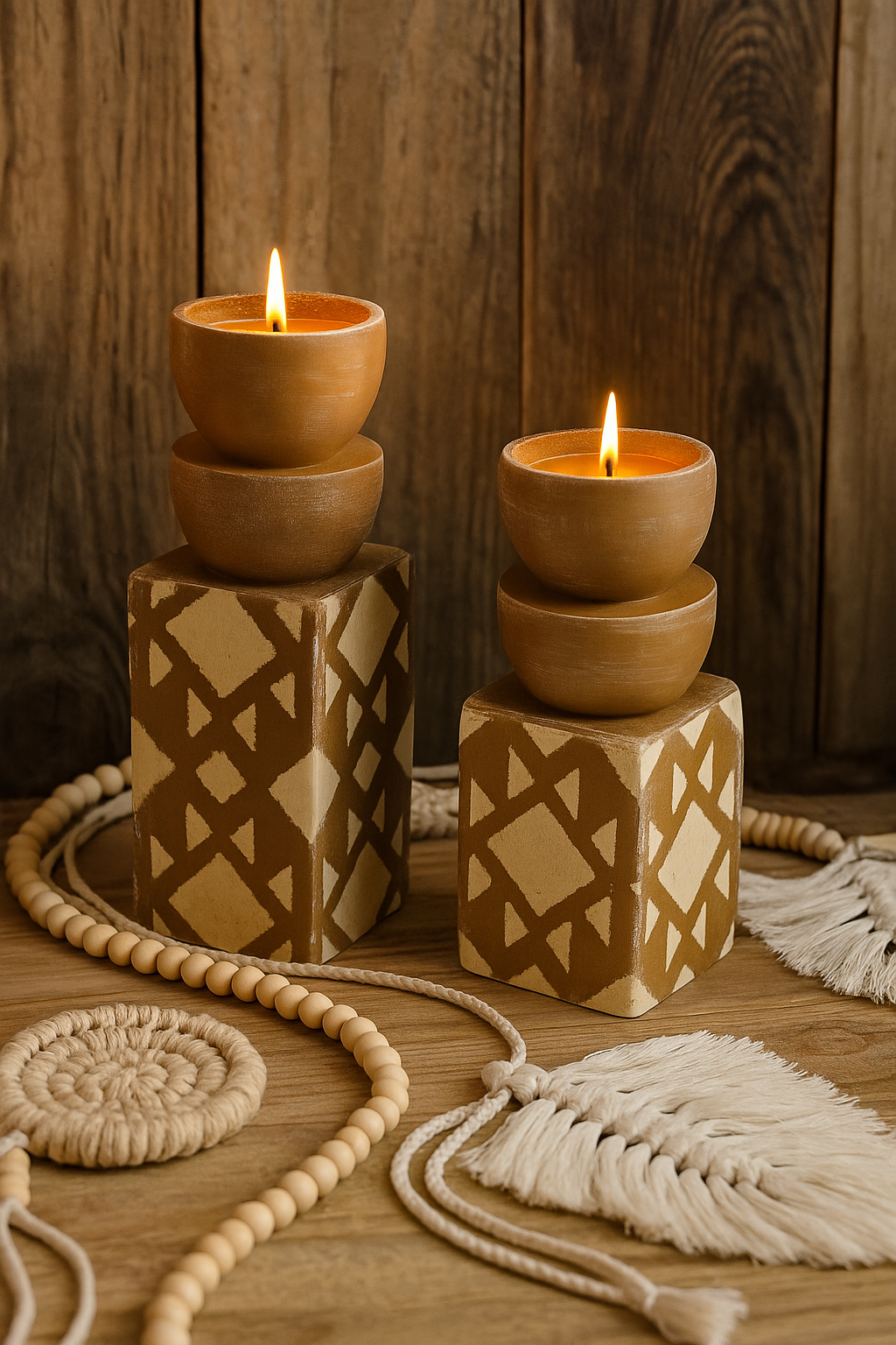 Two stacked ceramic bowls with candles on patterned stands against a wooden background