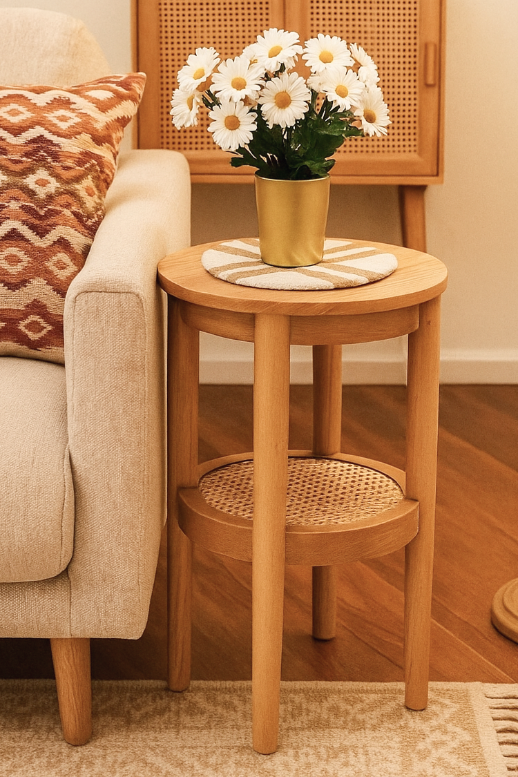 Small wooden side table with a vase of white flowers next to a beige sofa with a patterned pillow.