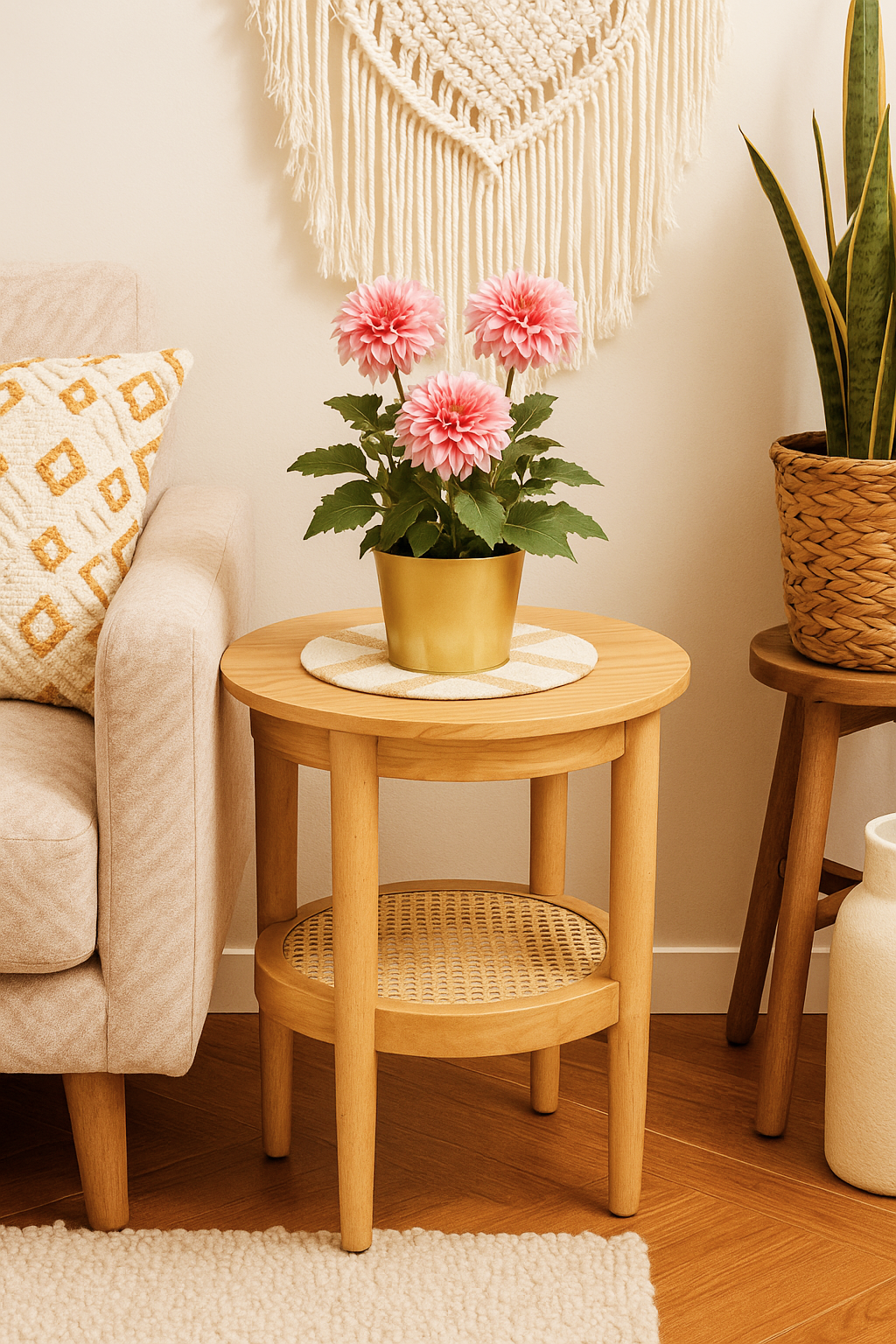 Wooden side table with pink flowers and a plant in a living room setting.