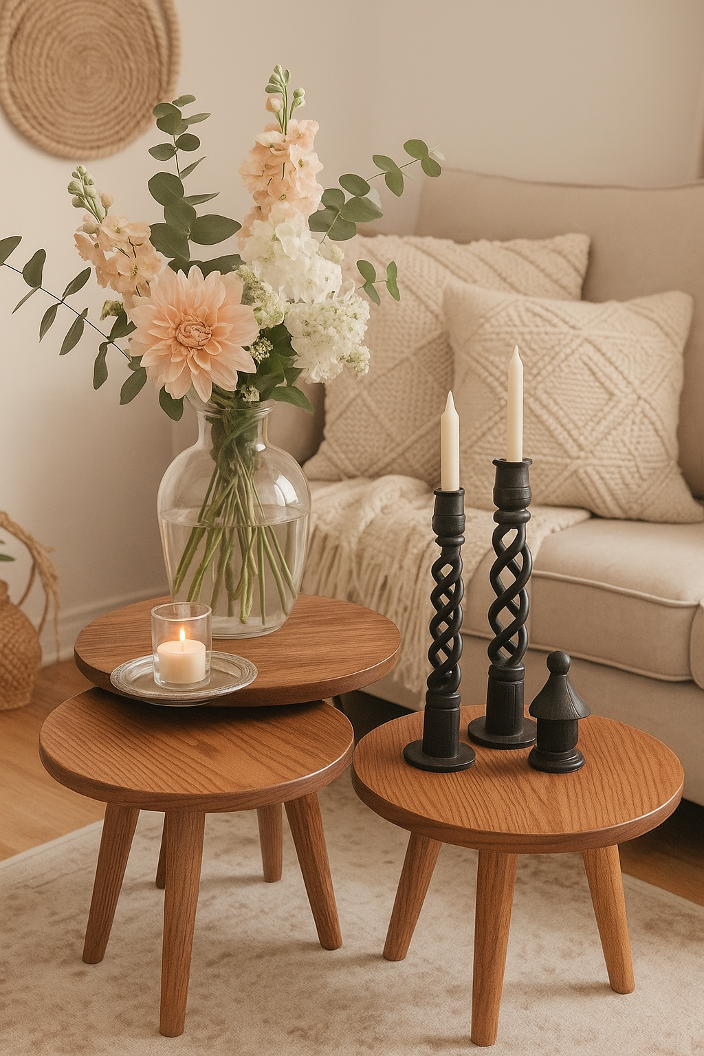 Wooden side tables with candles and a vase of flowers in a living room setting.