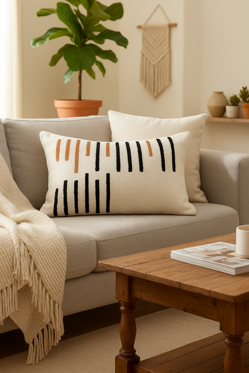 Cozy living room with a beige sofa, striped pillow, wooden coffee table, and decorative plants.