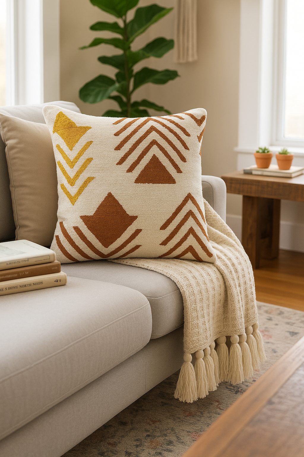 Decorative pillow with geometric pattern on a couch in a living room setting