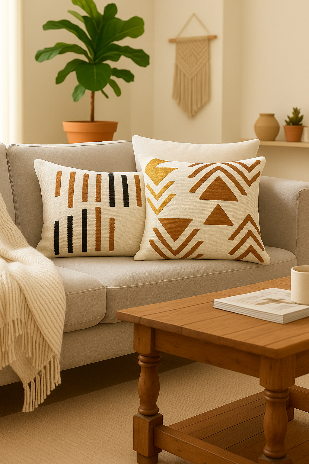 Living room with a beige sofa featuring patterned cushions, a wooden coffee table, and decorative elements.