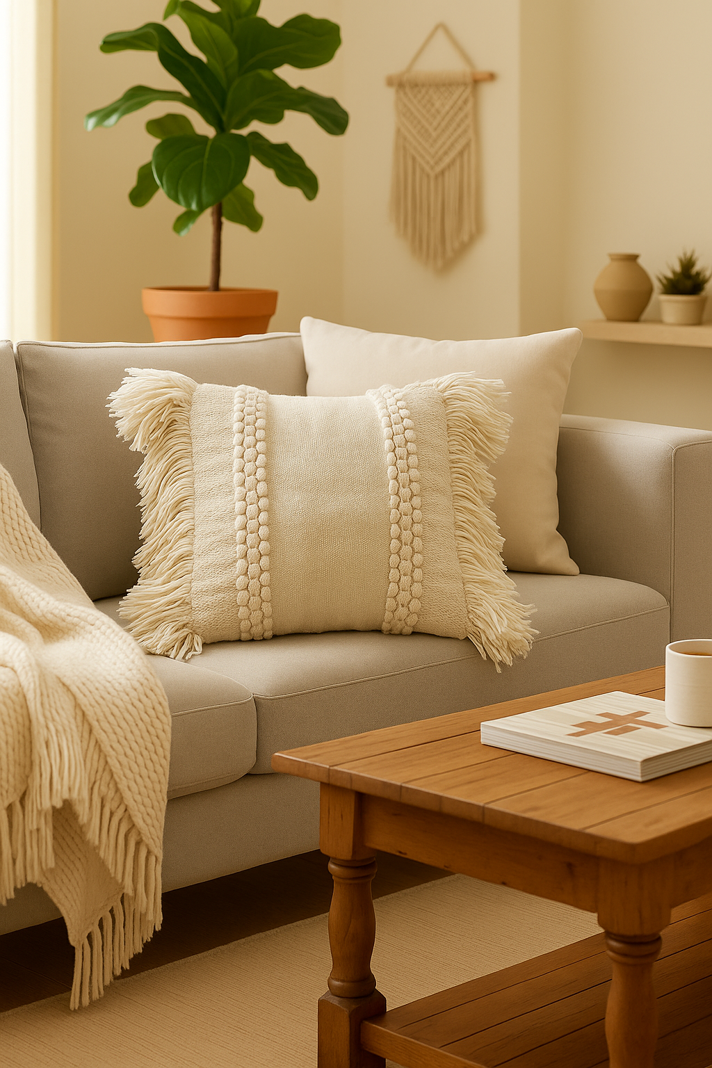 Cozy living room with a beige sofa, wooden coffee table, and decorative pillows.