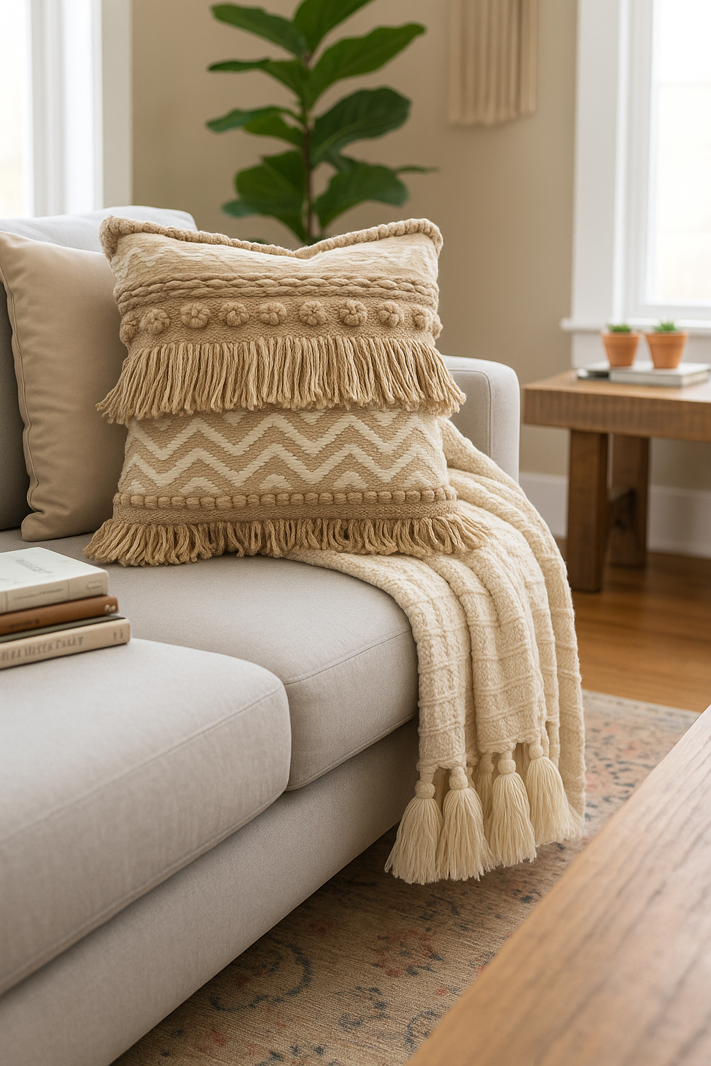Beige pillow with tassels on a beige sofa in a living room setting.