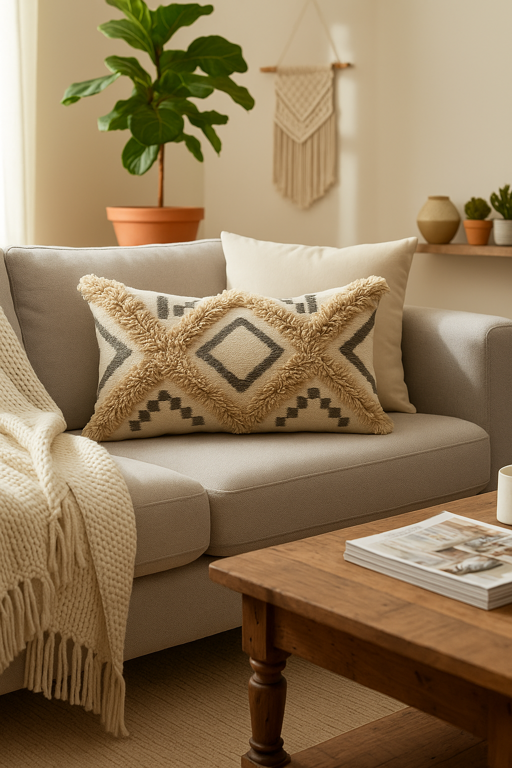 Cozy living room with a beige sofa, decorative pillows, a wooden coffee table, and plants.