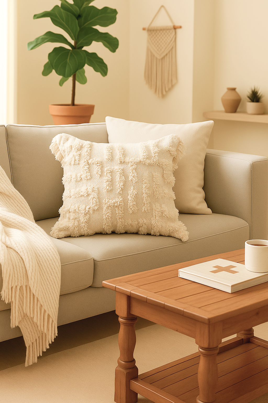 Cozy living room with a beige sofa, wooden coffee table, and decorative elements.