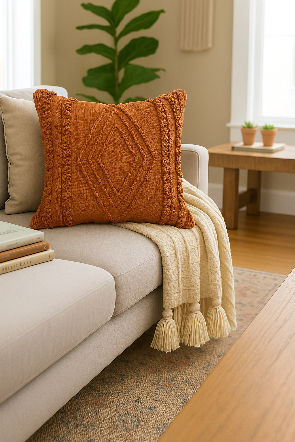 Orange textured pillow on a beige sofa with a neutral decor background