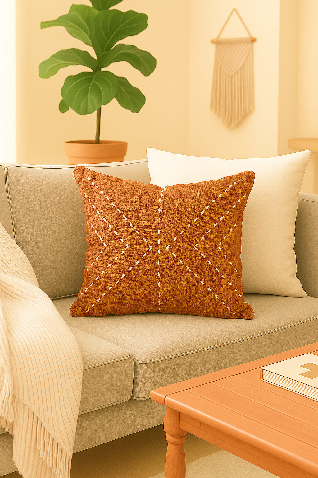 Decorative pillow on a beige sofa with a plant and coffee table in the background