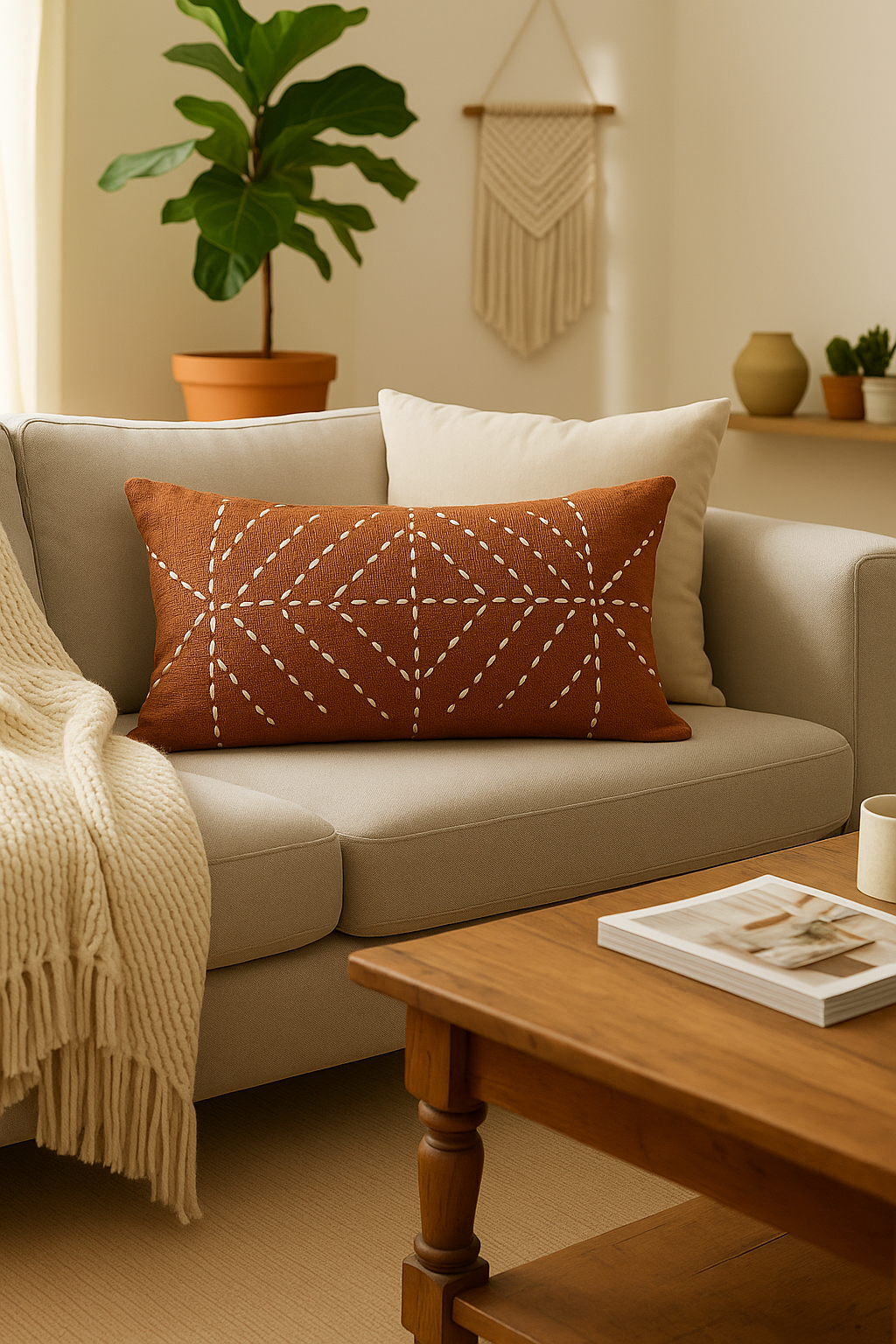Cozy living room with a beige sofa, wooden coffee table, and decorative pillows.