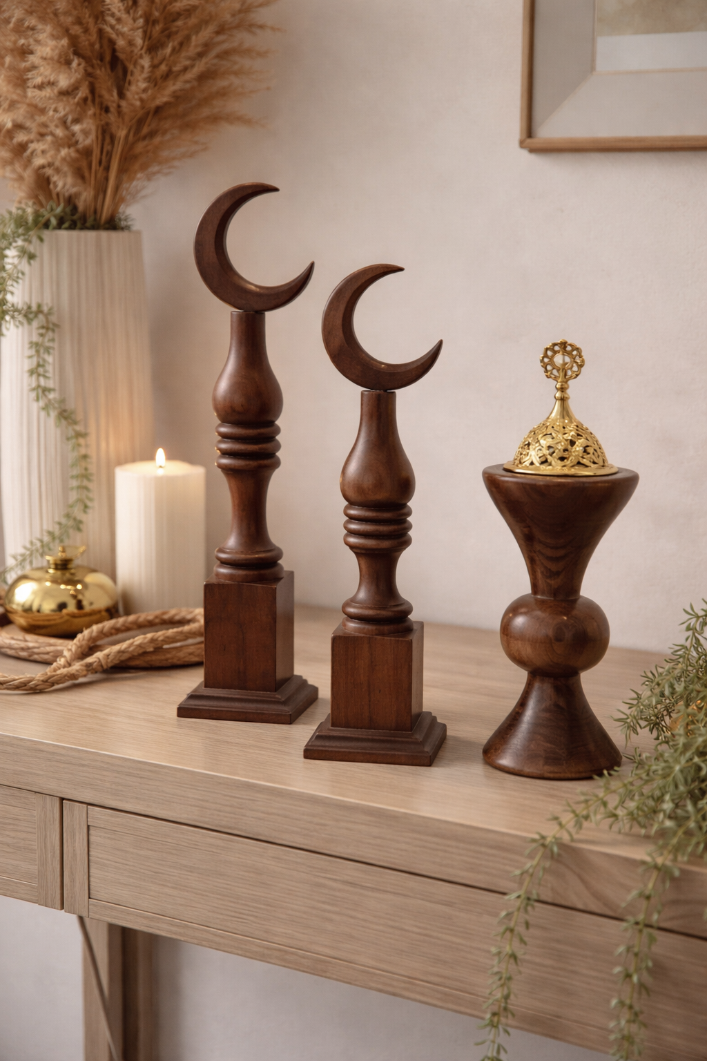 Wooden decorative items on a table with a neutral background