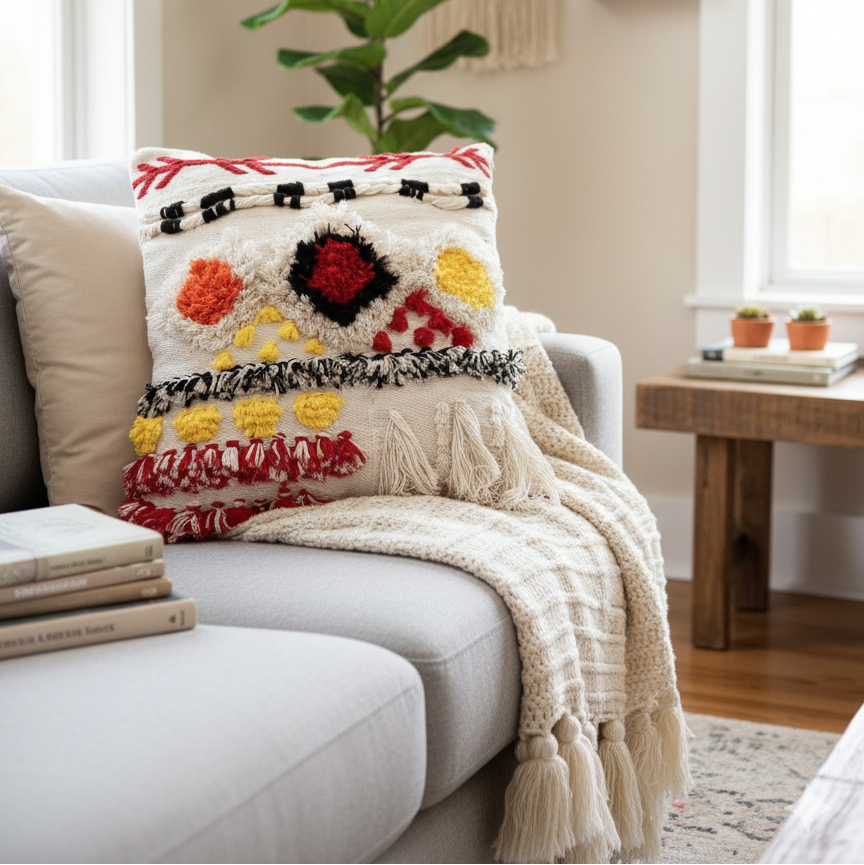 Decorative pillow with colorful patterns on a gray sofa in a living room setting.