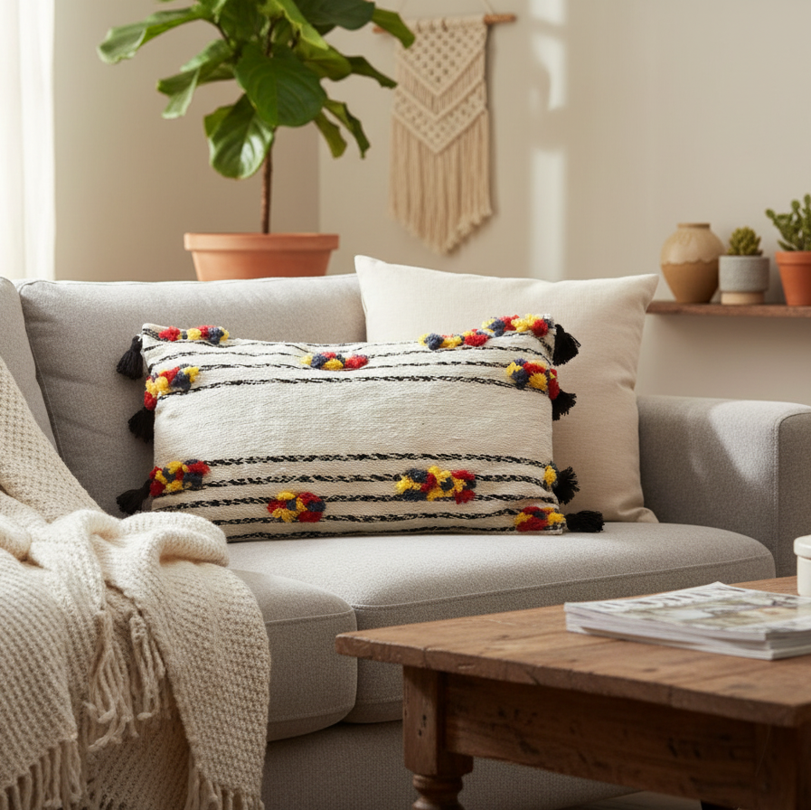Decorative pillow with colorful tassels on a gray sofa in a cozy living room.