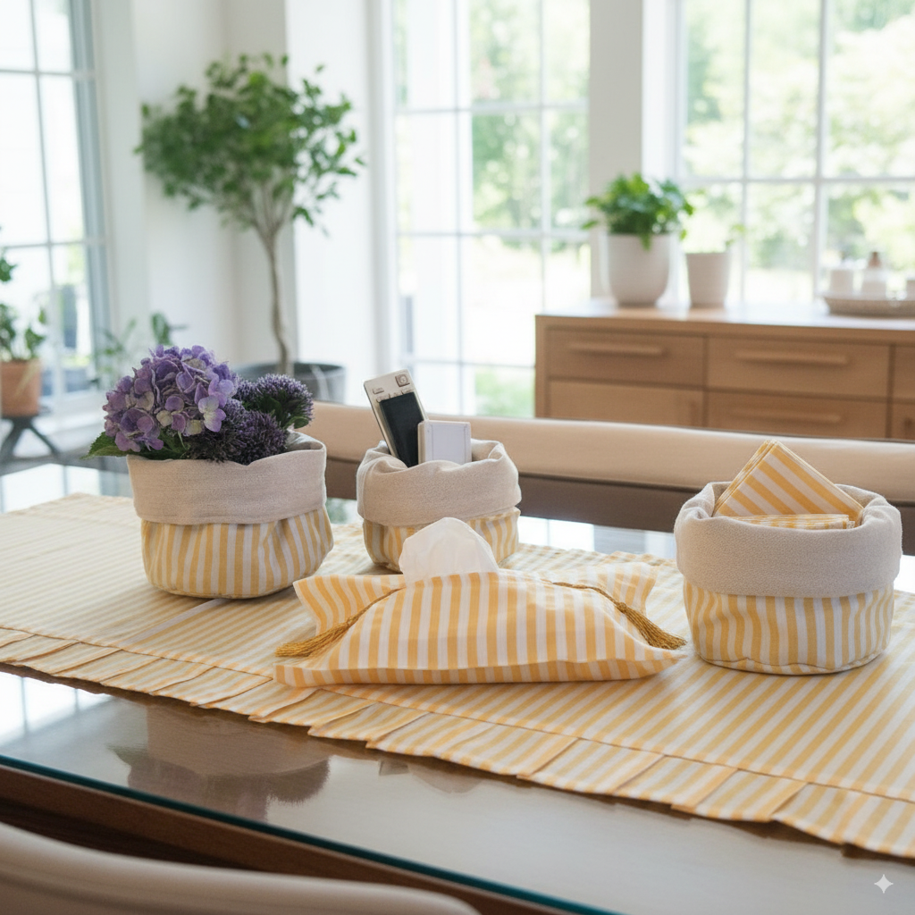 Decorative items on a table with striped baskets and a flower pot in a bright room.