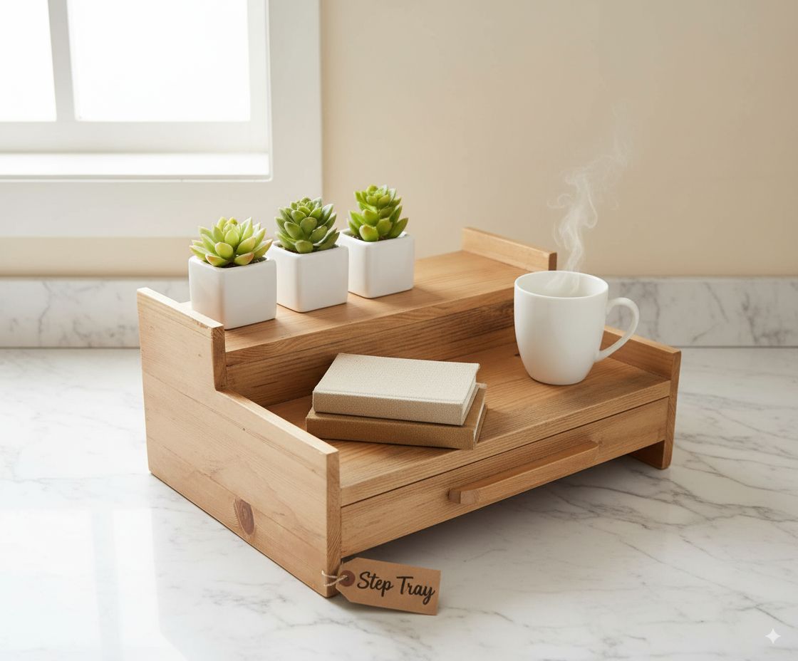 Wooden step tray with a cup, books, and plants on a marble surface.