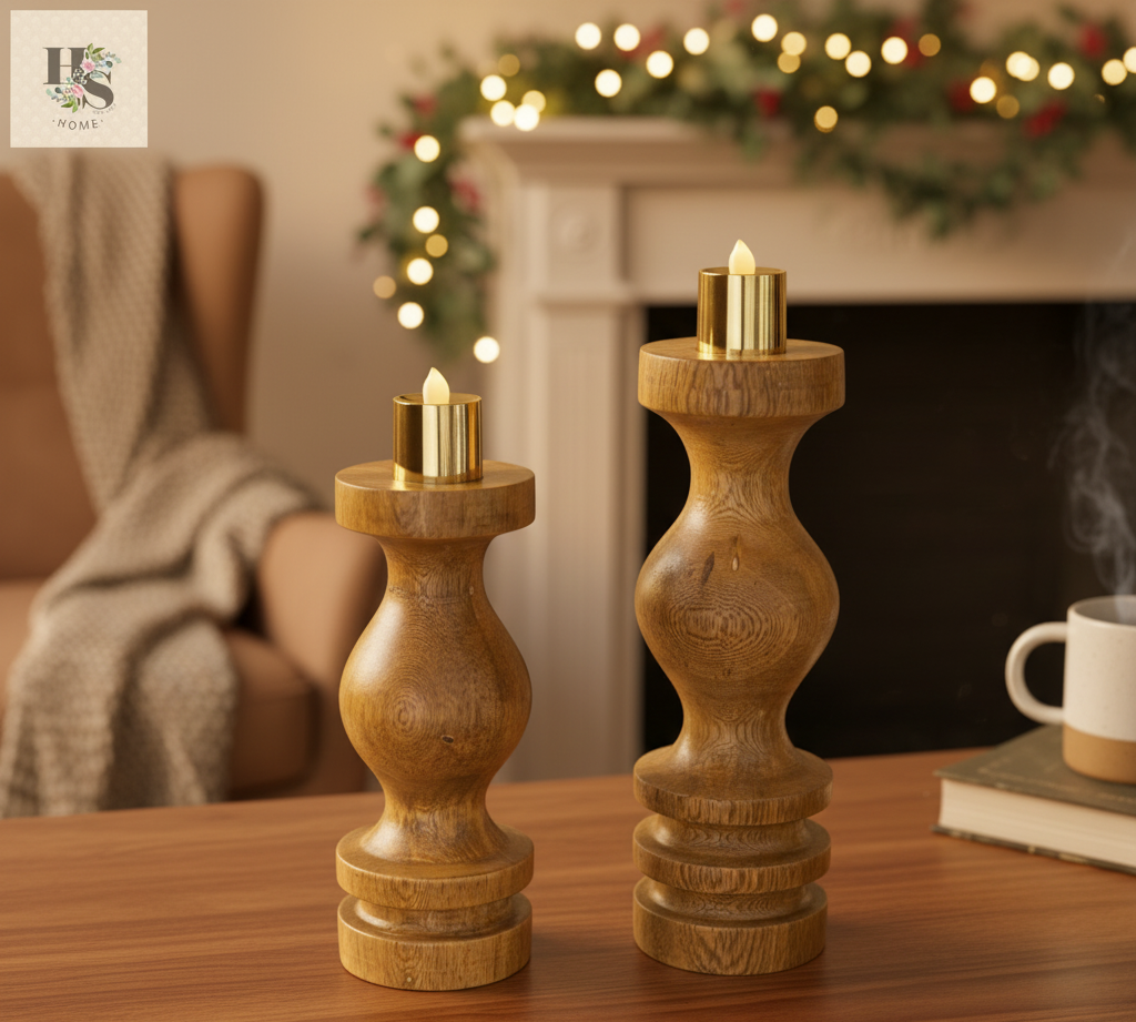 Two wooden candle holders with lit candles on a table in a cozy living room setting.