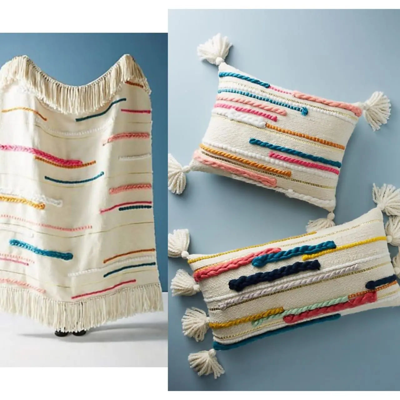Textile items including a blanket and two pillows with colorful tassels on a blue background
