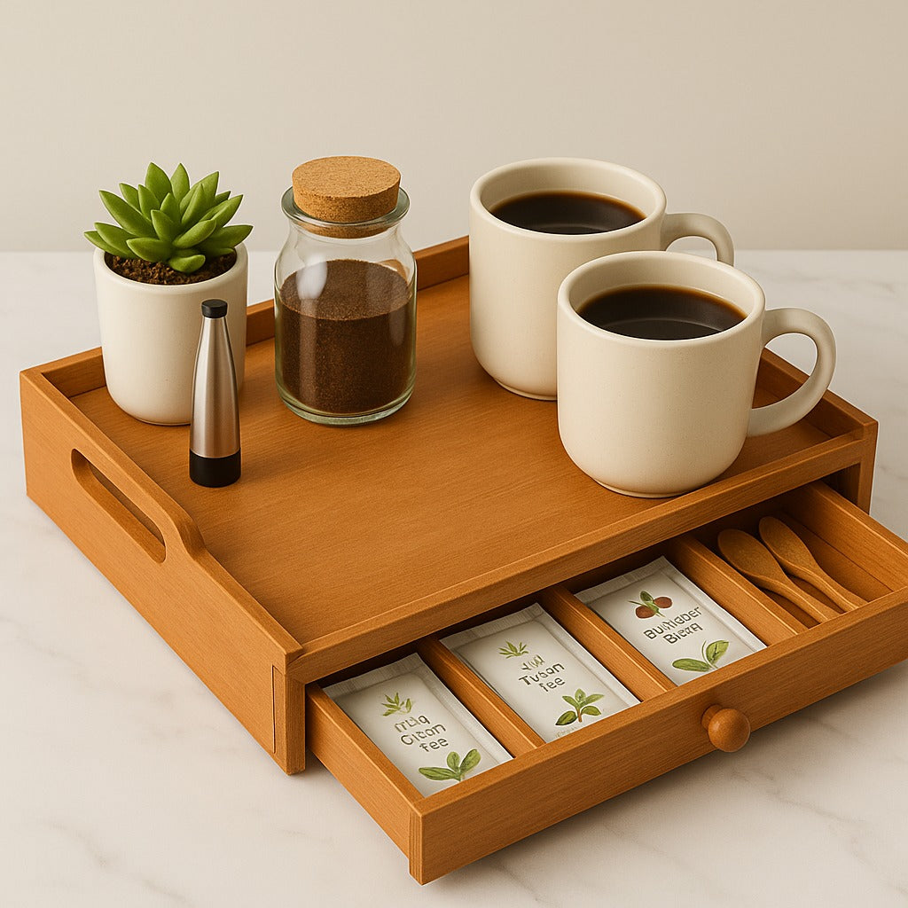 Wooden tray with two mugs of coffee, a jar of coffee, a plant, and tea bags on a light background.