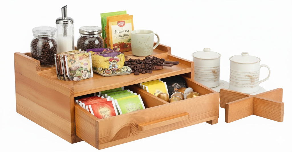 Wooden kitchen organizer with drawers containing various items on a white background