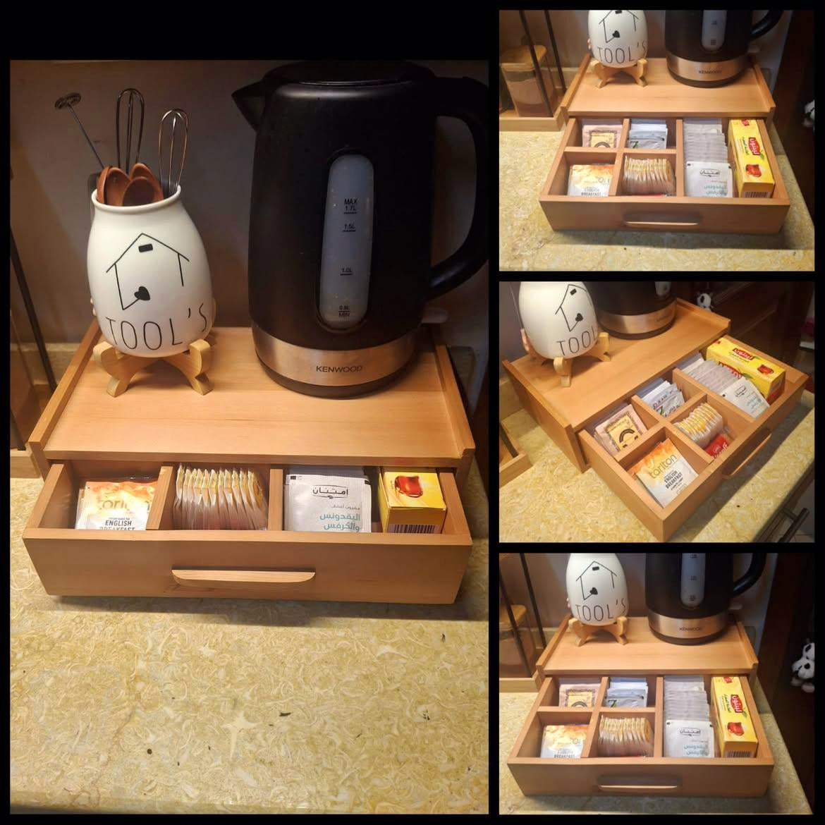 A collage showing a wooden drawer organizer with multiple compartments, styled with a black electric kettle, a white ceramic tea tool container, and assorted tea bags and sachets. The organizer is shown open and closed in a kitchen setting.