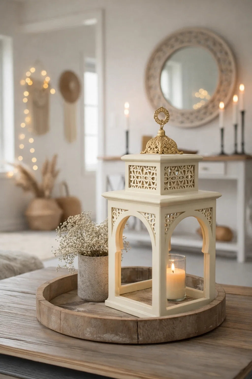 Decorative lantern with candles on a wooden tray in a cozy room setting.