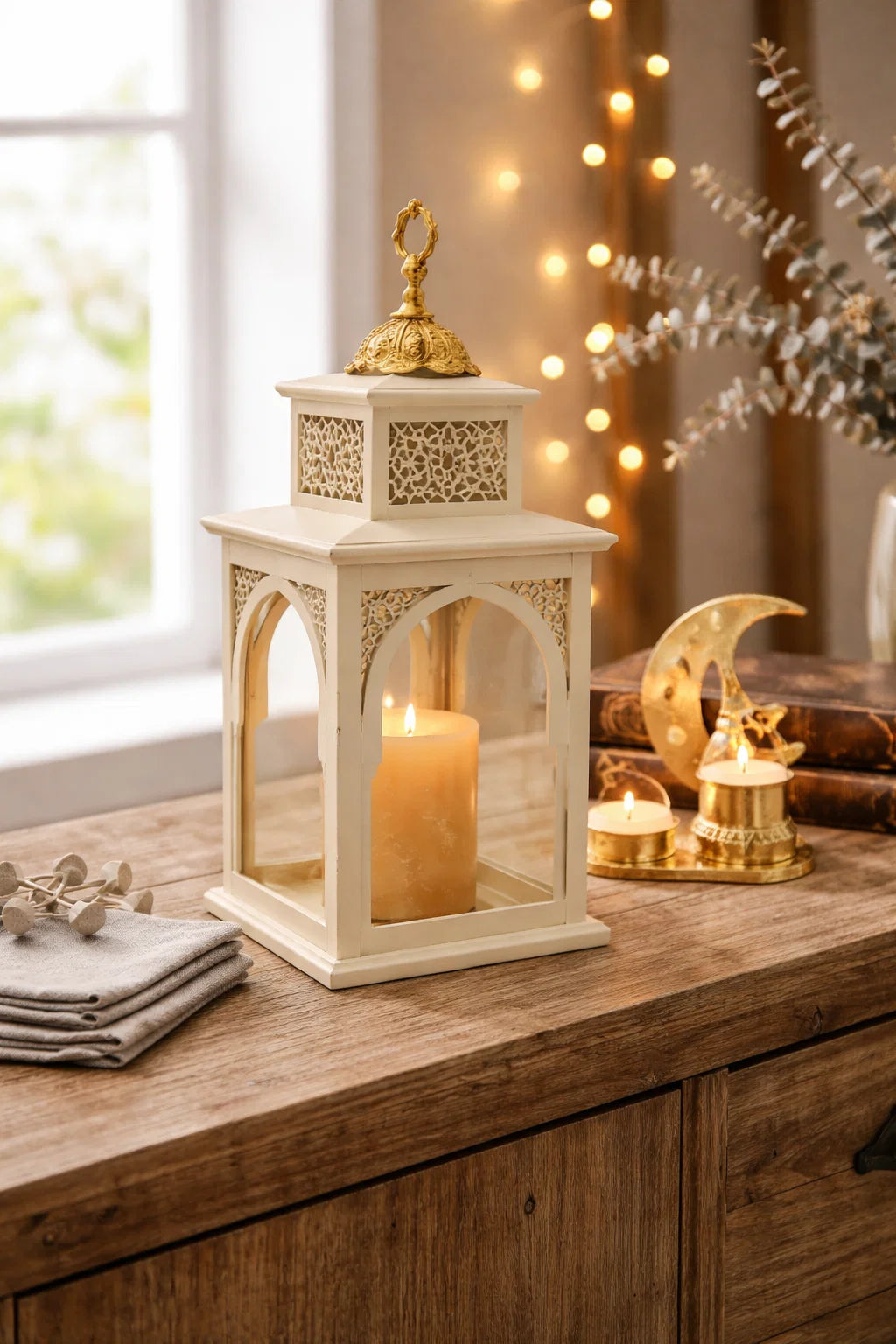 Decorative lantern with a candle on a wooden surface with fairy lights in the background