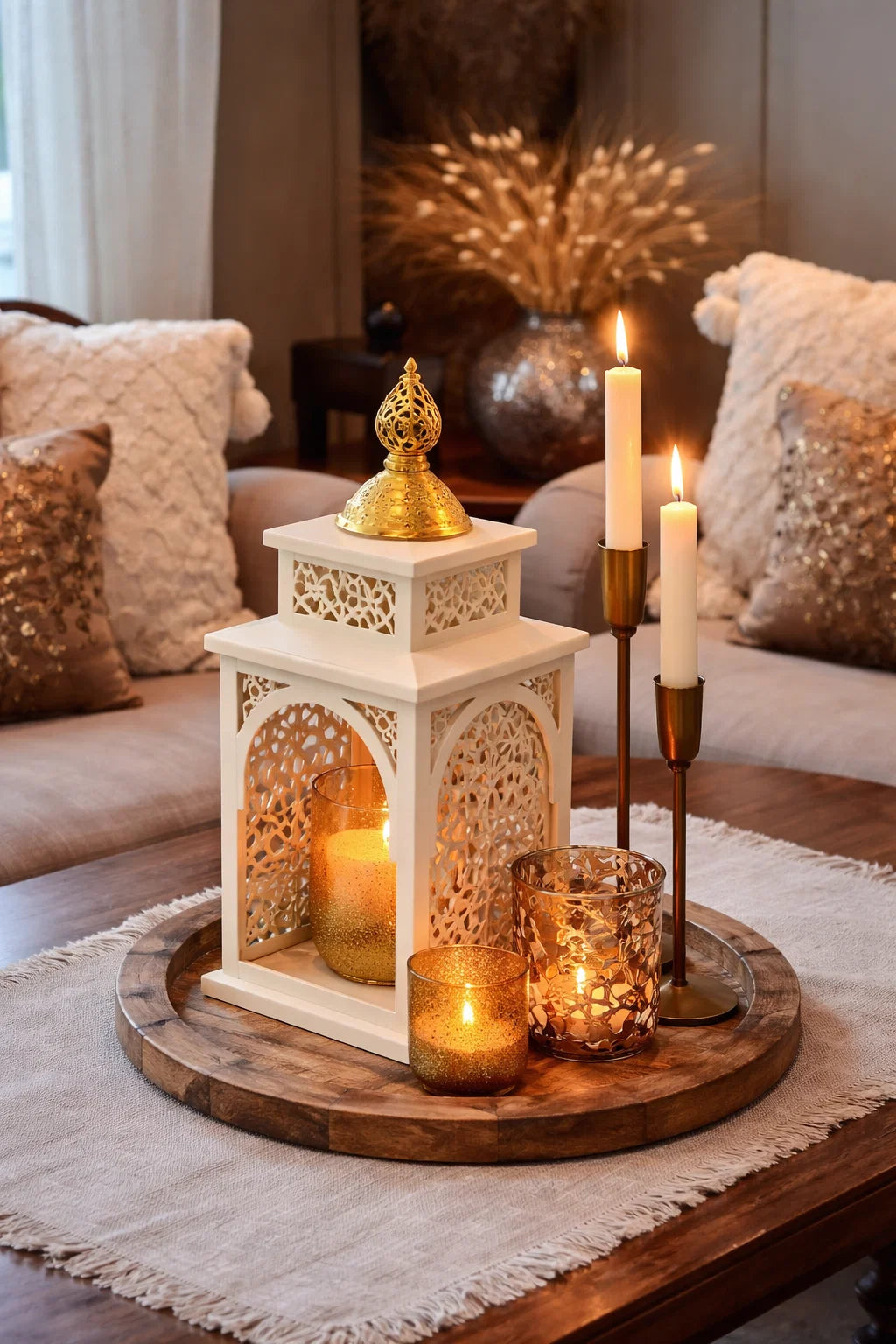 Decorative lantern with candles on a wooden tray in a cozy living room.