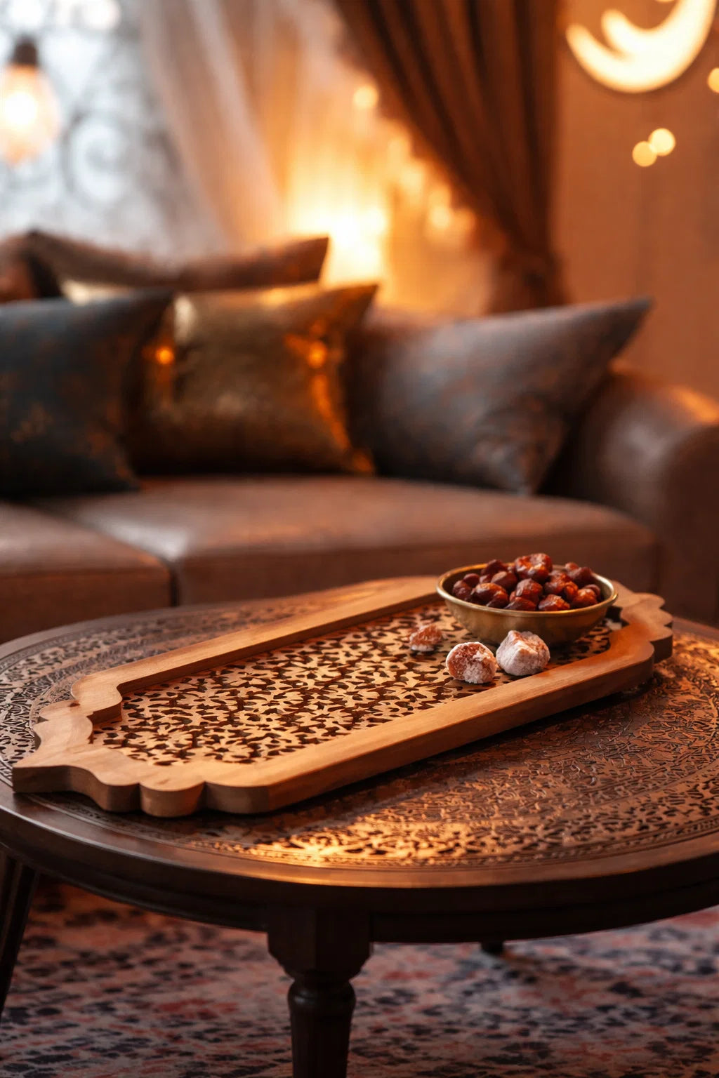 Decorative tray with food on a round wooden table in a cozy living room.