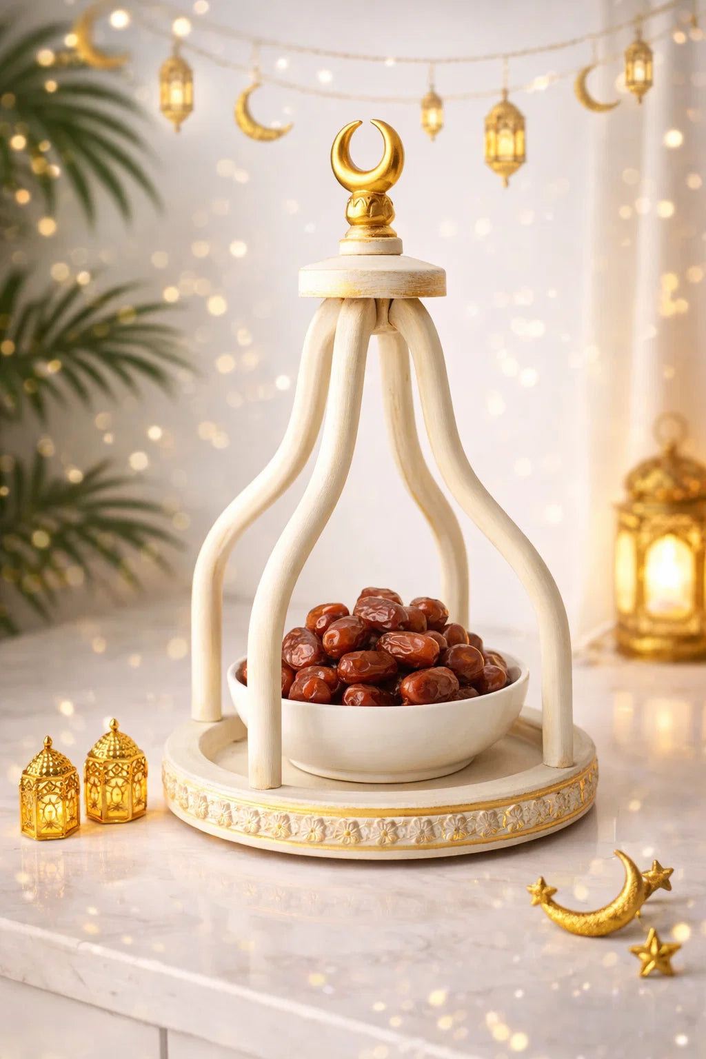 Decorative lantern with dates inside, surrounded by small gold lanterns and crescent moons on a light background.