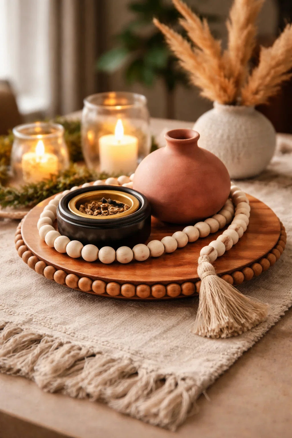 Decorative setting with candles, a vase, and a decorative plate on a table.